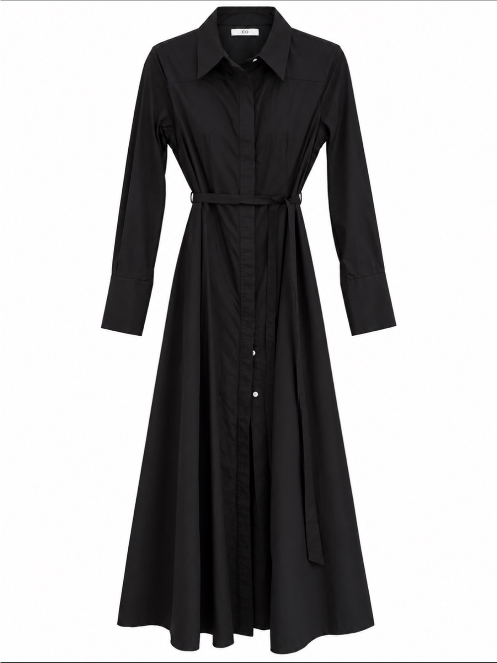 CO Black Long-Sleeve Shirt Dress with Waist Tie